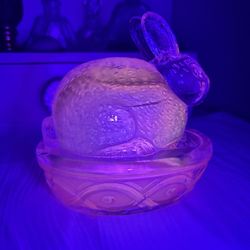 Vintage Pink Glass Bunny On Nest *GLOWS*