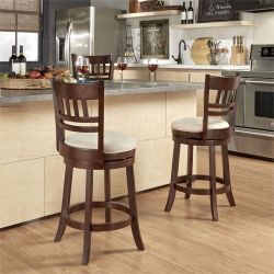 Weston Home Vertical Design Swivel Dark Cherry Finish Wood Counter Height Stool, Beige Linen Beige Linen - 