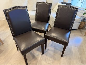 Set of 3 Dark Brown Faux Leather Dining Chairs – Nailhead Trim