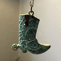 Patina Rhinestone Cowboy Cowgirl Boot Charm Pendant Necklace - Western Jewelry