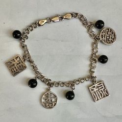 Vintage Italian Sterling Silver 925 Charm Bracelet – Chinese Symbols & Black Beads
