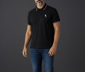 Lucky Horse Premium Clothing Black Logo  Polo Shirt – White Tipping, Short Sleeve Two Button Closure — Size M 
