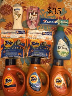 5 Tide; 1 Downy 1 Softsoap; 1 Bic Razors; 1 Toothpaste: 9 Items $35