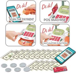 Pretend Play Cash Register Toy with Functional Caculator Cashier Scanner Toy Supermarket with Simulate Food Fruit etc Kids Grocery Store Play Money Fo
