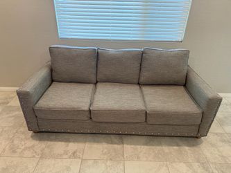 Gray Fabric 3-Seat Sofa with Nailhead Trim
