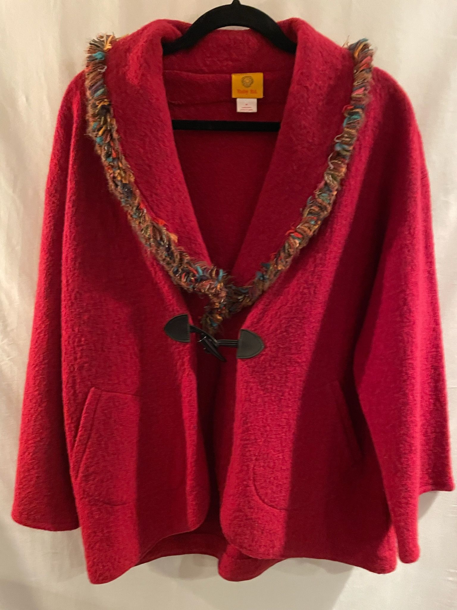 medium Ruby Rd Red poncho-like jacket with colorful fringe detail ladies womens