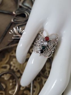 Sterling Silver 925 Ring Butterfly design with Cornaline,  Moon Stone, Jade and Onyx Stone