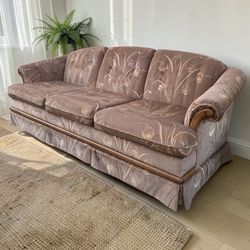 Vintage Mauve Floral Sofa 1980s 1990s Traditional Couch Tufted Wood Trim