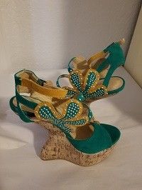 ALBA Sea Green and Mustard Suede Gold Stud Rivet Open Toe Ankle Strap Wedge