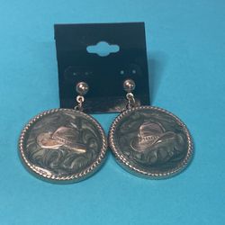 Earrings, Round Silver Hat, Green Gemstone Background