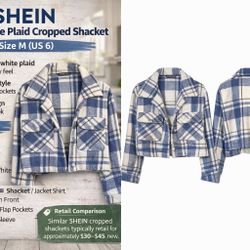 SHEIN Blue & White Plaid Cropped Shacket – Size M (US 6) 