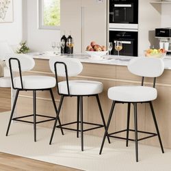 *Brand New* Set of 3 Boucle Swivel Counter Stools, White