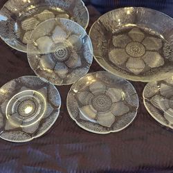 6pc Clear Flower Etched Glass Plates 2 Salad Plates 4 Saucers Vintage Fortecrisa