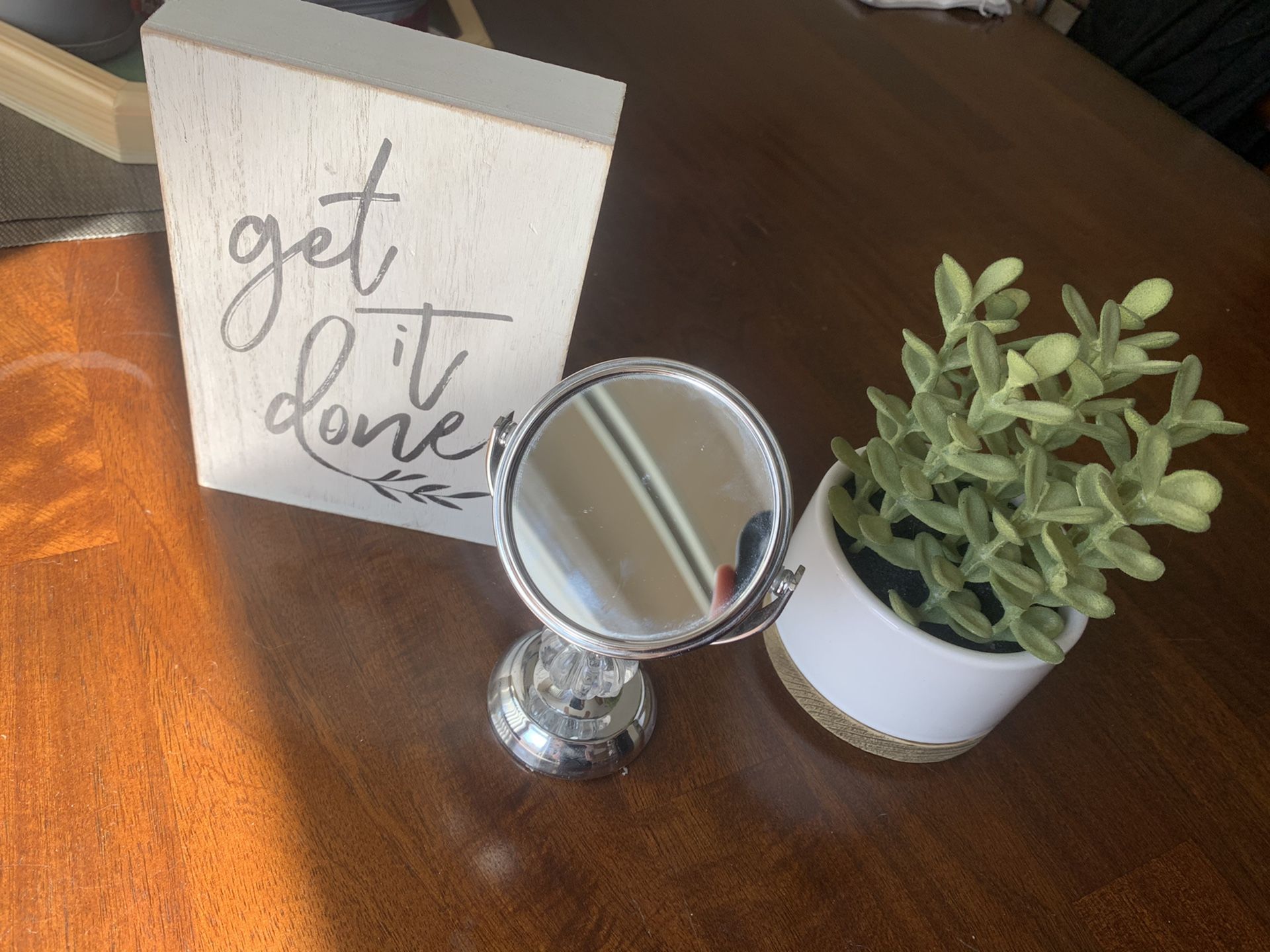 Desk / Office / Home Decor - Fake Plant, Mirror, Sign