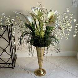 41” Silk Calla Lilies and Orchids in Gold Metal Pedestal Vase 