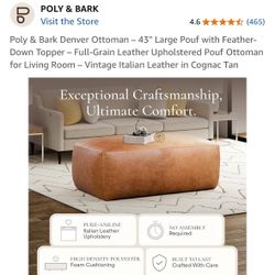 100% Cognac Tan Italian Leather Ottoman 