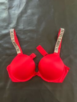 Victoria Secret 34 B Red satin push up very sexy bra with thick straps and & rhinestones