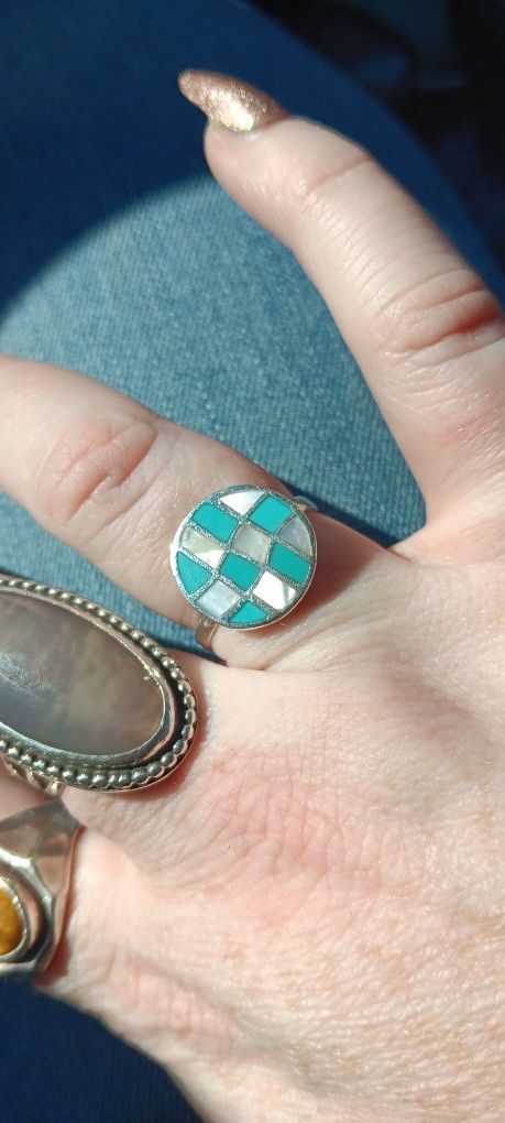 "Old Pawn" Vintage Sterling Silver W/ Abalone And Turquoise Ring