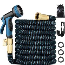 100 ft Expandable Garden Hose - Kink Free Flexible Water Hose 100ft with 10 Pattern Spray Nozzle, 3/4 Solid Brass Connectors, Retractable Latex Core -