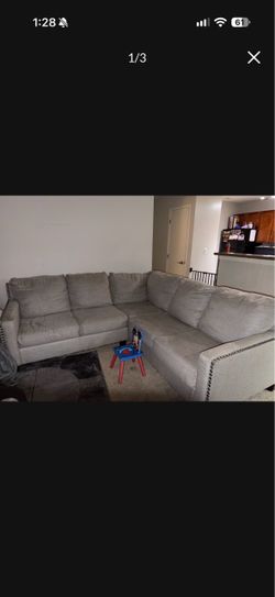 Gray Fabric Sectional Sofa with Nailhead Trim