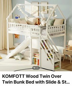 New KOMFOTT wood twin over twin house bunk bed with slide and stairs is white