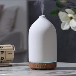 200ML Ceramic Essential Oil Diffuser - Ultrasonic Aromatherapy & Humidifier with 7-Color LED Lights, Auto Shut-Off, Wood Grain Base, 1H/3H/6H Timer |