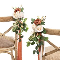 Ling's Moment 8 Wedding Artificial Aisle Pew Flowers Chair Decorations Arrangements With Chiffon Ribbons Sunset Terracotta For Ceremony Reception Chai