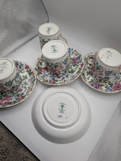 120 Yr Old Vintage Crown Staffordshire Bone China Demitasse Set of 4 - Floral Pansy Pattern - Made in England - Gold Gilt