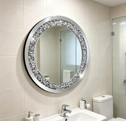 Glam Round Silver Wall Mirror – Mosaic Crushed Diamond Frame Accent Mirror