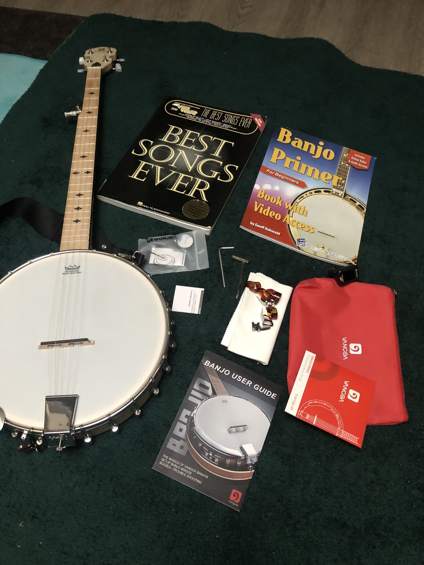 Banjo, Case, Books, and Accessories