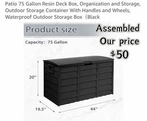 Patio 75 Gallon Resin Deck Box, Organization and Storage, Outdoor Storage Container With Handles and Wheels, Waterproof Outdoor Storage Box（Black)