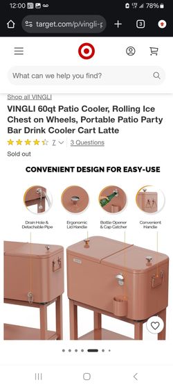 VINGLI 60qt Patio Cooler, Rolling Ice Chest on Wheels, Portable Patio Party Bar Drink Cooler Cart La