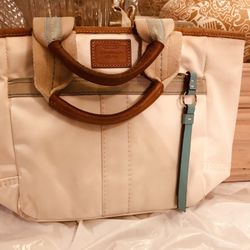 Coach Hampton Small Satin Tote (L05M-126) Cream With Teal 