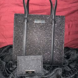 Kate Spade Kenzie Limited Black Glitter Mini Tote w/ Matching Card Holder