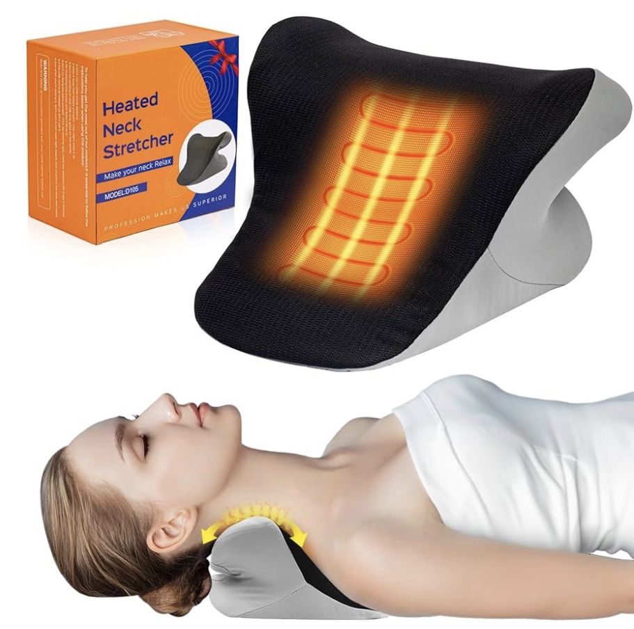 Heated Neck Stretcher for Pain Relief, Neck Shoulder Cervical Traction Device with Heating Pad for Relieve TMJ Headache Muscle Tension Spine Alignment