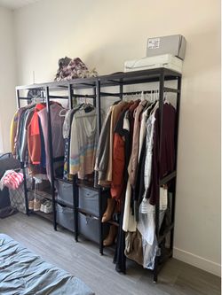 Custom-made Industrial Metal and Wood Clothing Rack with Storage Bins