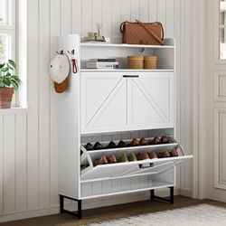 New Shoe Cabinet with 2 Flip Drawers, 45" Freestanding Narrow Wood Shoe Storage Cabinet with Metal Legs and Hooks, Slim Shoe Rack Organizer for Entryw