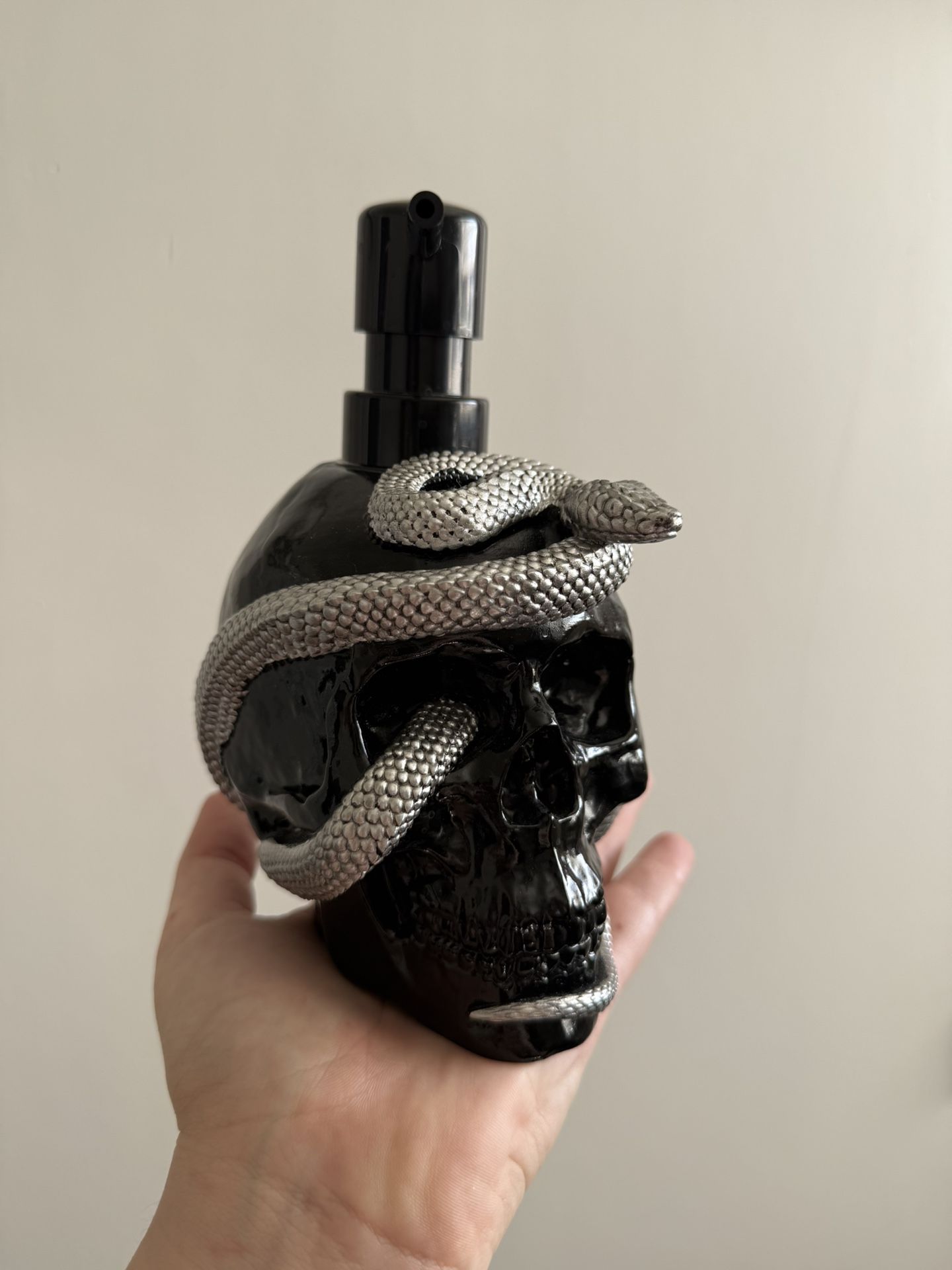 NEW Black Skull Soap / Lotion Dispenser with Silver Snake – Gothic Decor, Unique & Bold! 🐍🖤