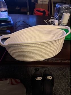 18” White Cotton Rope Storage Basket Oval Organizer Bin with Handles 6” Deep