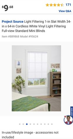 Project Source Light Filtering 1-in Slat Width 34-in x 64-in Cordless White Vinyl Light Filtering Full-view Standard Mini Blinds

