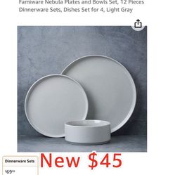New Famiware Nebula Plates and Bowls Set, 12 Pieces Dinnerware Sets, Dishes Set for 4, (Light Gray ) $45 East Palmdale Pick Up only Cash only Check Ou