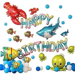 Happy birthday balloons: Composed of aluminum foil balloons in the shape of sea animals and blue and white latex balloons; suitable for all-aged birth