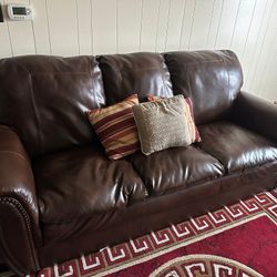 Living Room Set For $680 (Coughs, Recliner Leather Chair, 2 Small tables and Red Rug)