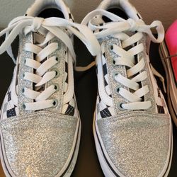 Black, White & Silver Checkered Vans Shoes (Barely Worn)