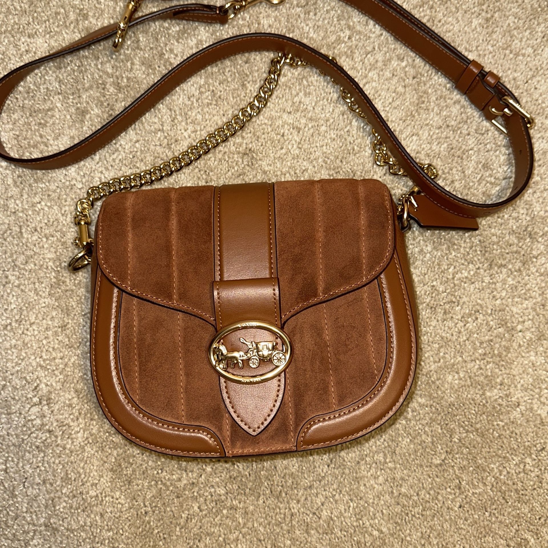 Brown Suede Coach Bag With Chain Strap And Adjustable Strap