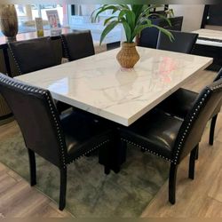 Modern classic white  faux marble table with 6 leatherette upholstery chairs