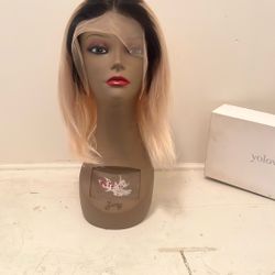 100% Human Hair Lace Front Wig Blonde Ombre Bob 16” NEW