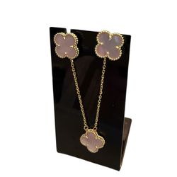 Pinkish White Clover Pendant Necklace  With Matching Earrings