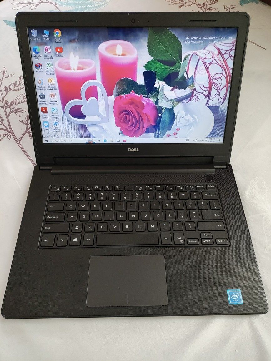 14"inch Intel Celeron Dell Laptop, 32GB eMMC, 2GB RAM, Inbuilt Bluetooth, SD Card Reader, HDMI And a WebCam. Windows 10 Installed.