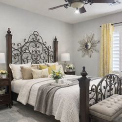 Queen Size Solid Wood & Iron Bed Frame – Elegant & Sturdy